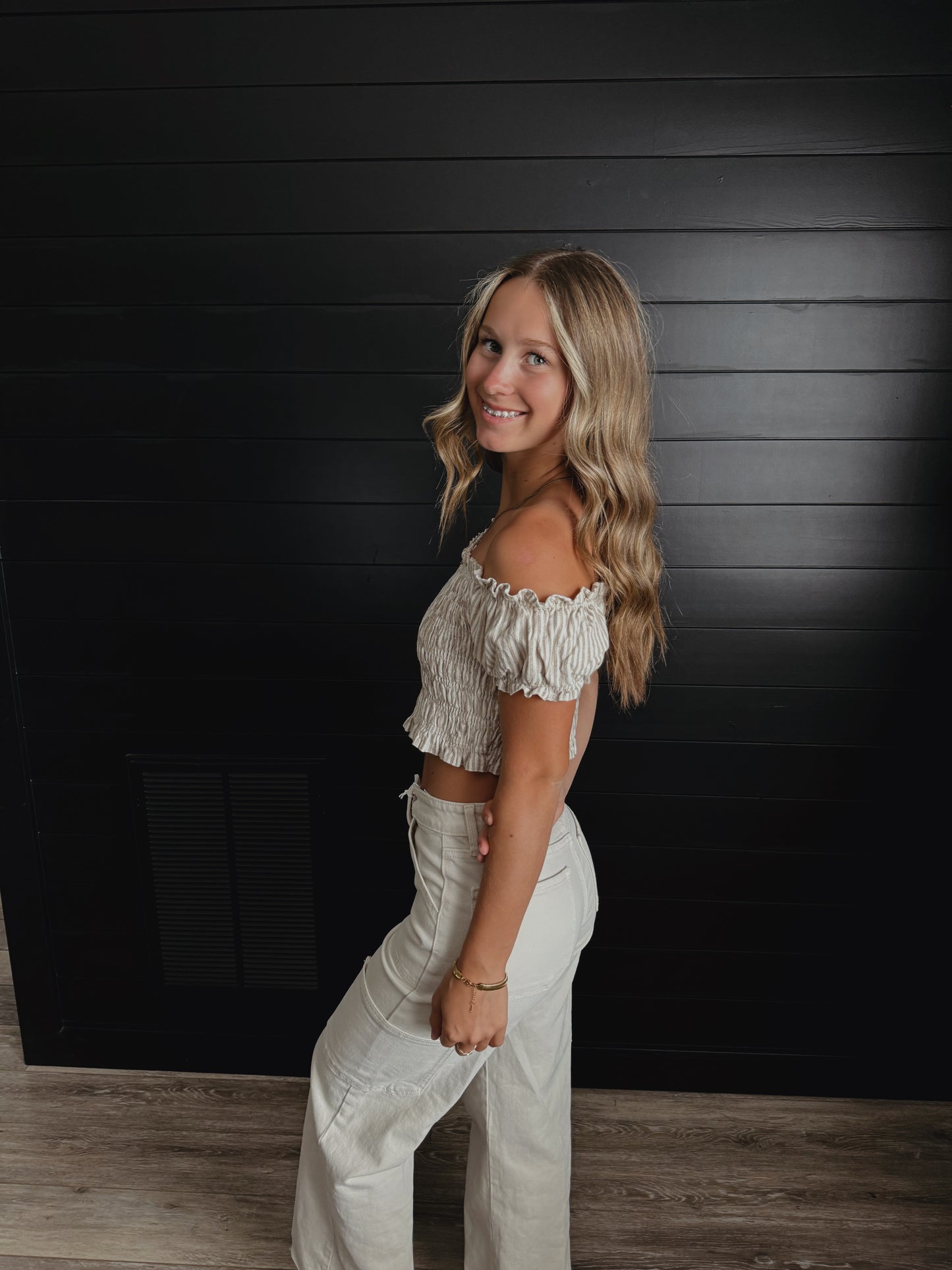 Brown Pinstripe Smocked Top